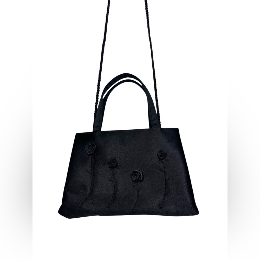 Satin Black Floral Shoulder Bag